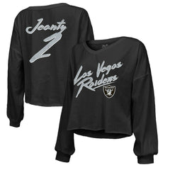 Ashton Jeanty  Majestic Threads Women's Name & Number Off-Shoulder Script Cropped Long Sleeve Relaxed V-Neck T-Shirt - Las Vegas Raiders