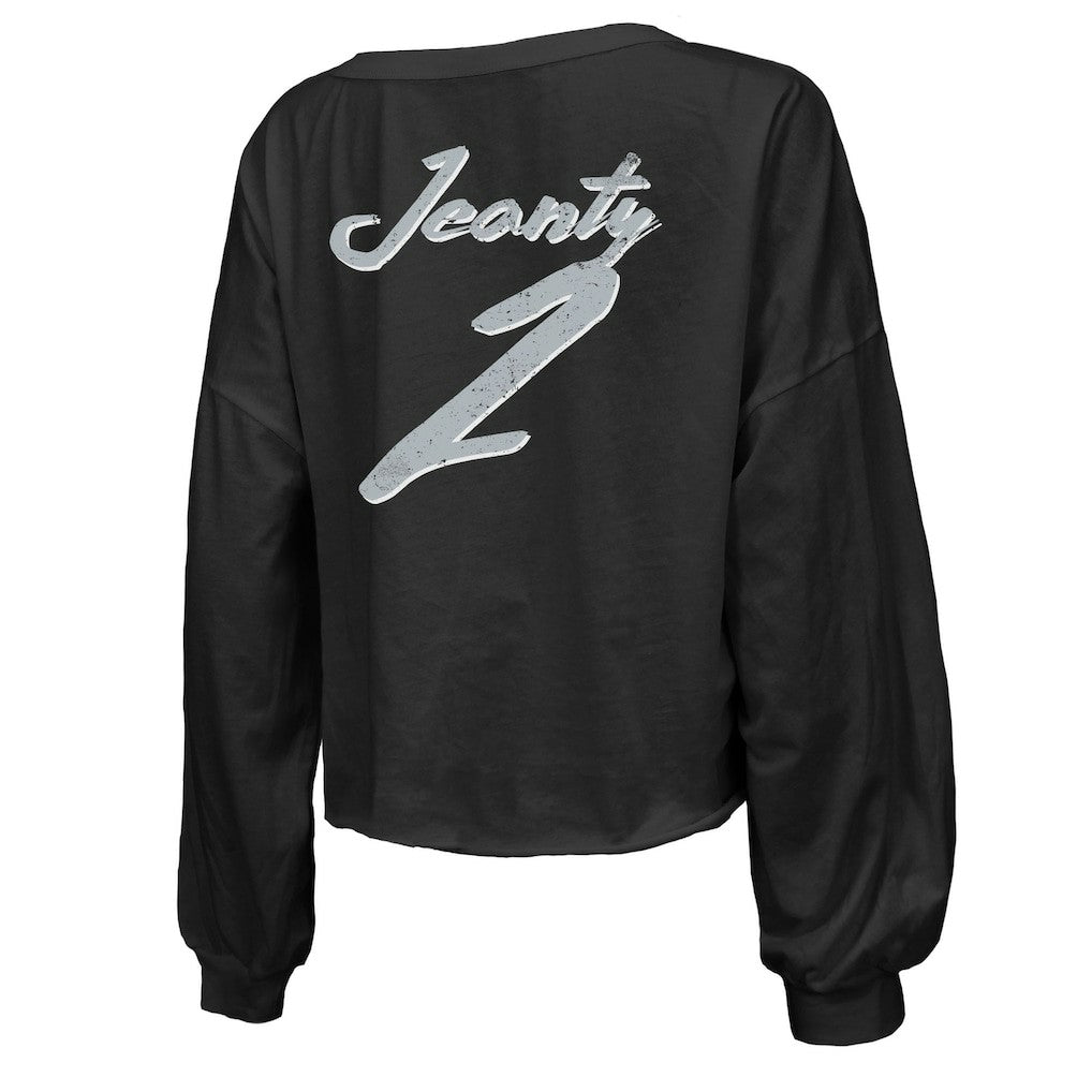Ashton Jeanty  Majestic Threads Women's Name & Number Off-Shoulder Script Cropped Long Sleeve Relaxed V-Neck T-Shirt - Las Vegas Raiders
