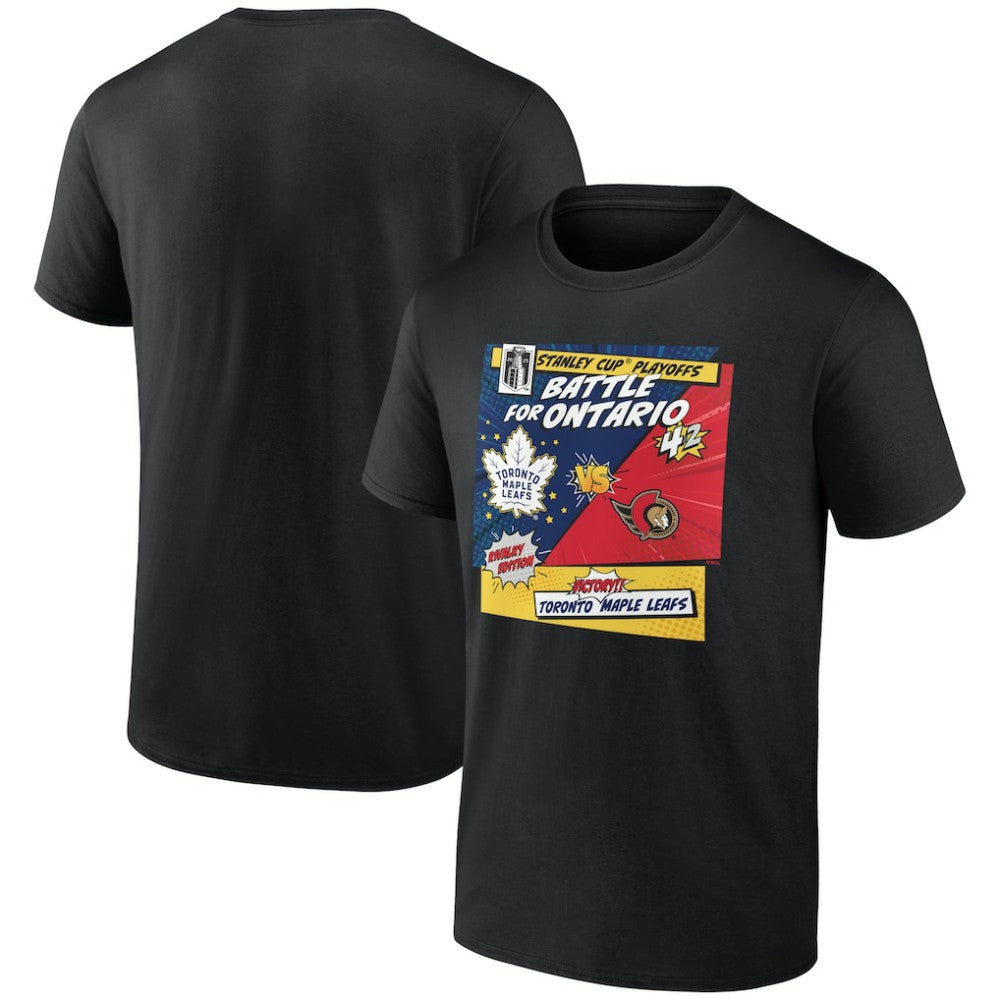 NHL Black Toronto Maple Leafs vs. Ottawa Senators 2025 Stanley Cup Playoffs Rivalry Comic Pop T-Shirt