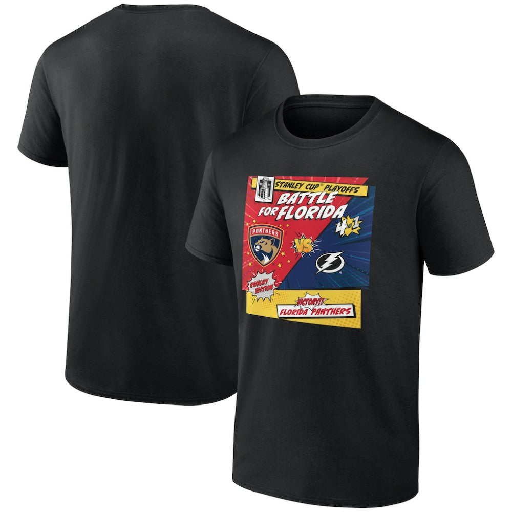 NHL Black Florida Panthers vs. Tampa Bay Lightning 2025 Stanley Cup Playoffs Rivalry Comic Pop T-Shirt