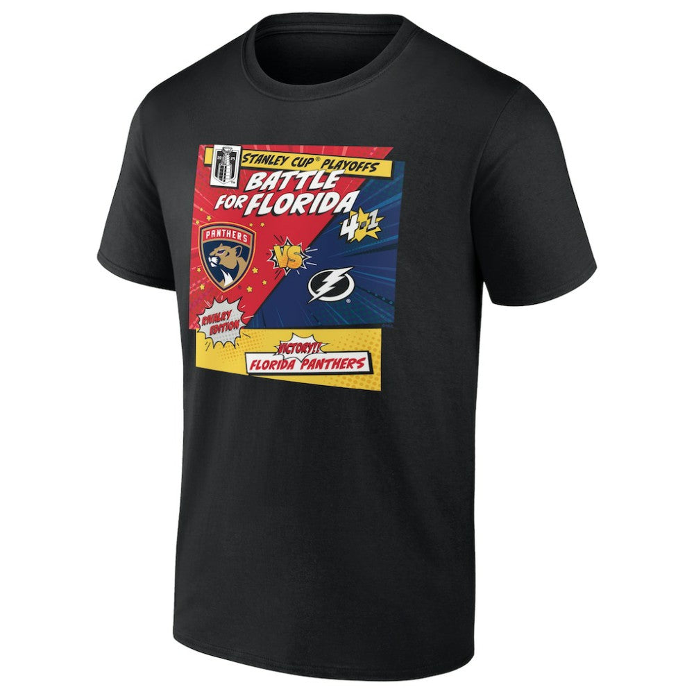NHL Black Florida Panthers vs. Tampa Bay Lightning 2025 Stanley Cup Playoffs Rivalry Comic Pop T-Shirt