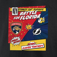 NHL Black Florida Panthers vs. Tampa Bay Lightning 2025 Stanley Cup Playoffs Rivalry Comic Pop T-Shirt