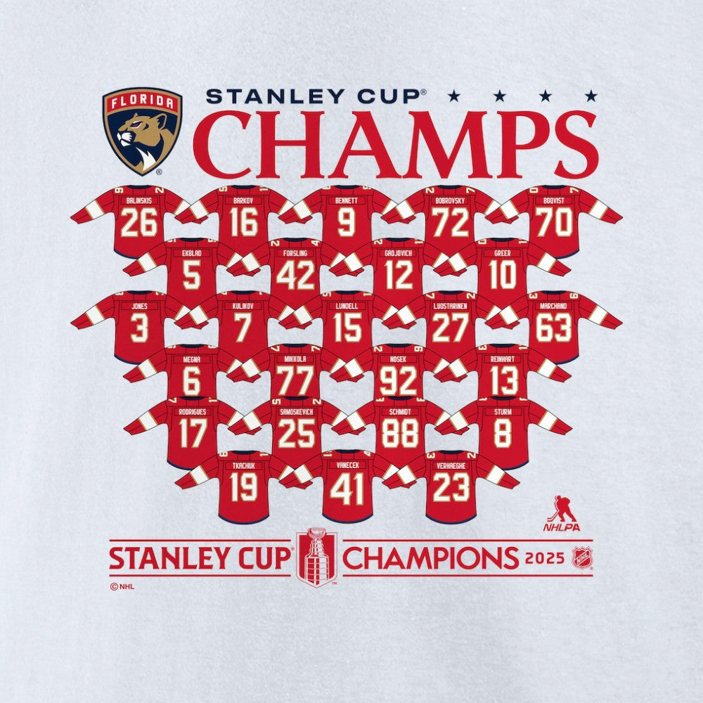 NHL White Florida Panthers Fanatics 2025 Stanley Cup Champions Jersey Roster T-Shirt