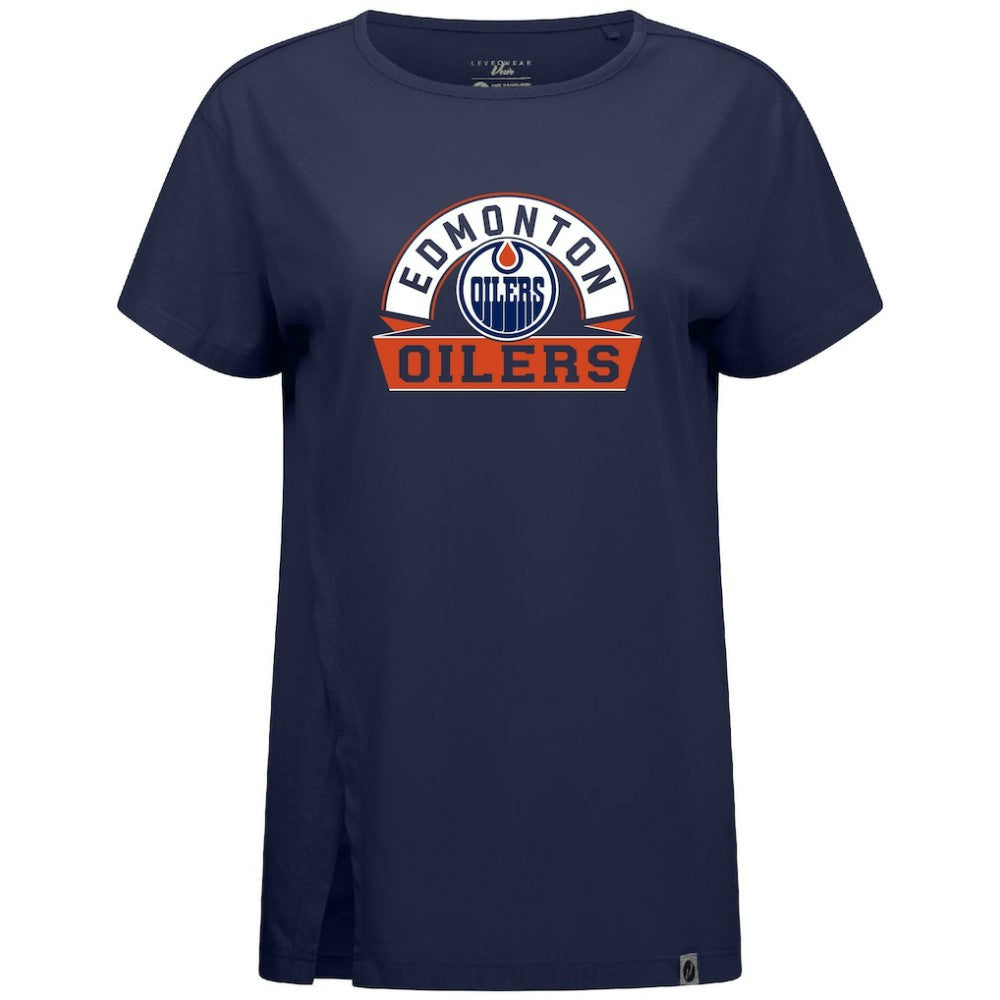 NHL Navy Edmonton Oilers Levelwear Women's Influx Banner Arch T-Shirt