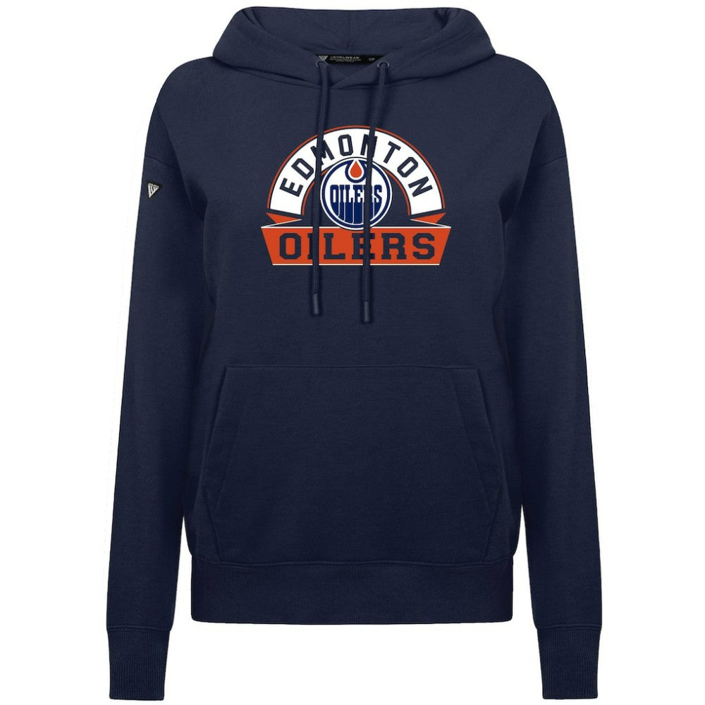 NHL Navy Edmonton Oilers Levelwear Women's Adorn Banner Arch Pullover Hoodie