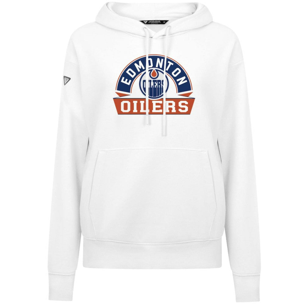 NHL White Edmonton Oilers Levelwear Women's Adorn Banner Arch Pullover Hoodie