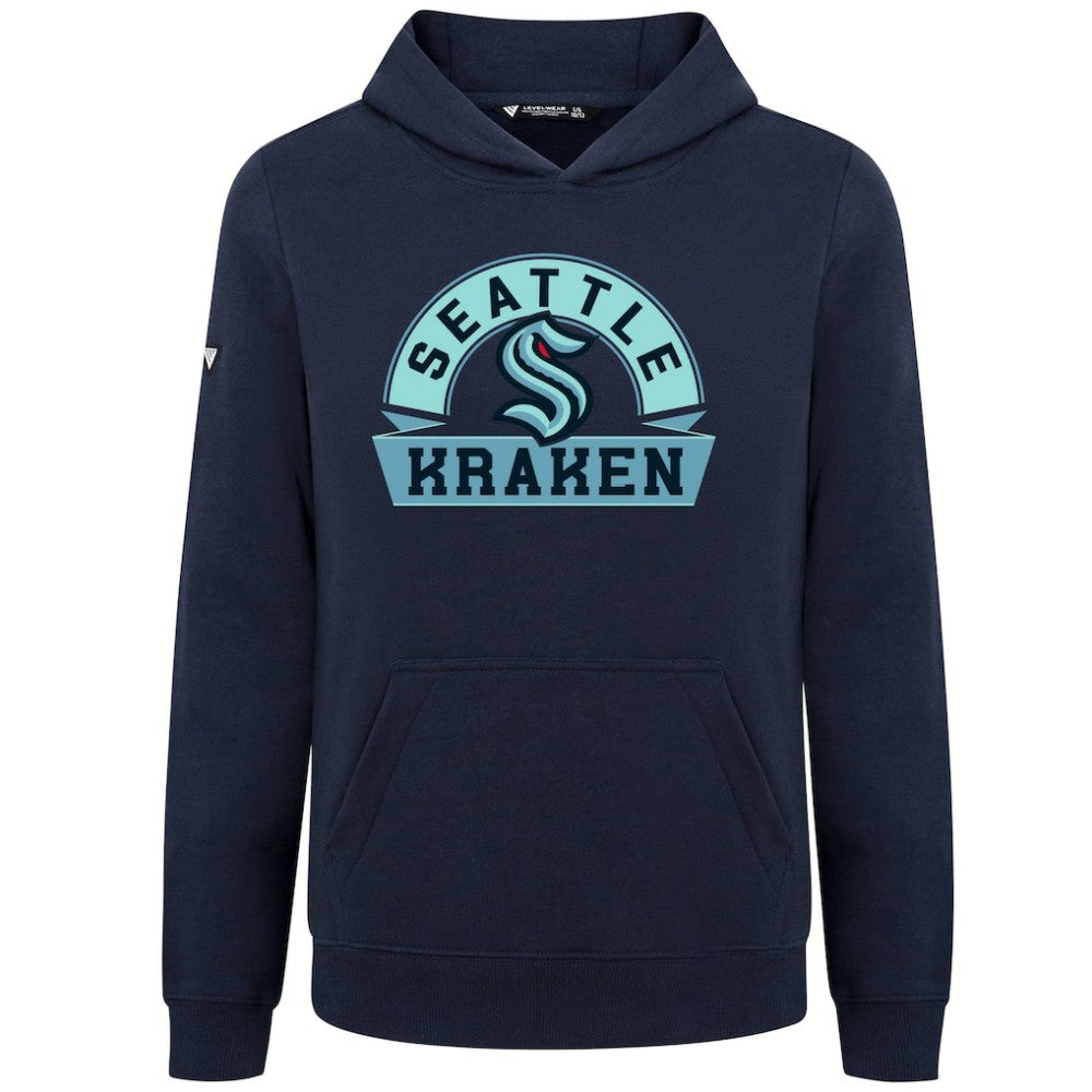 NHL Navy Seattle Kraken Levelwear Youth Podium Banner Arch Pullover Hoodie