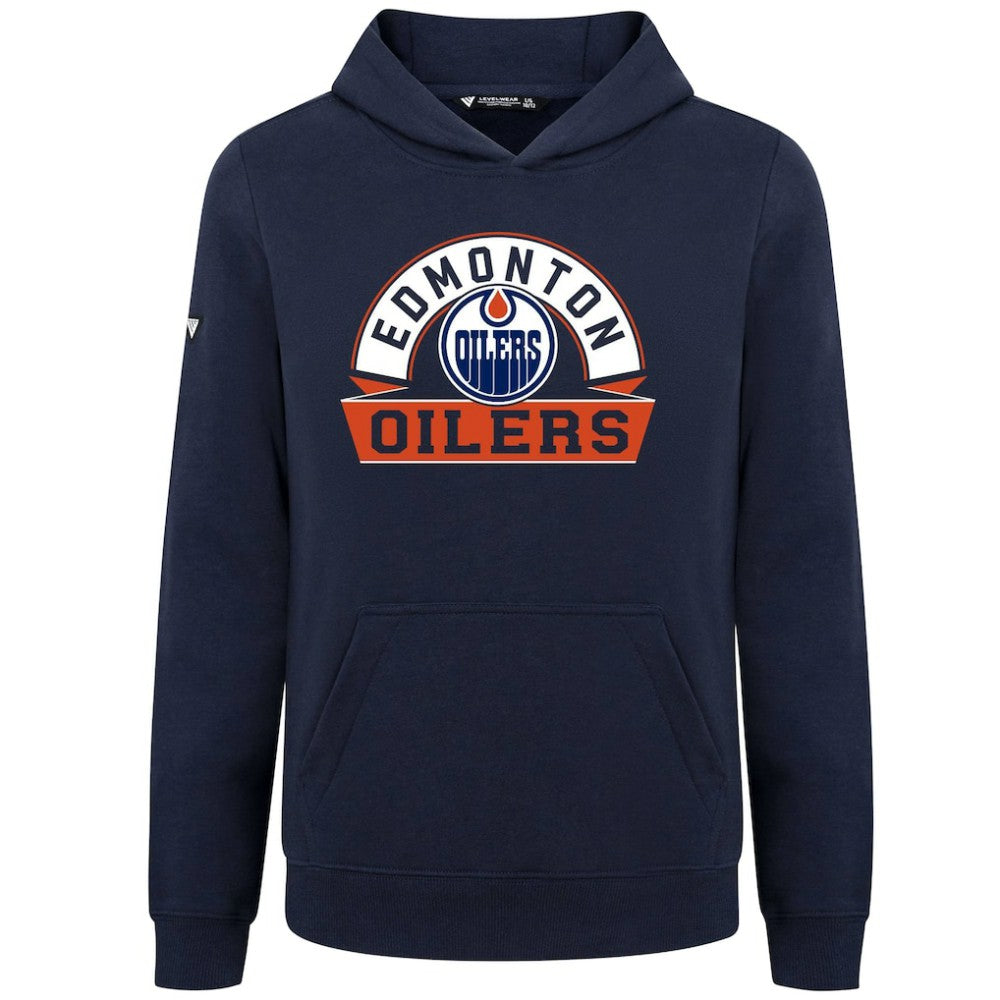 NHL Navy Edmonton Oilers Levelwear Youth Podium Banner Arch Pullover Hoodie