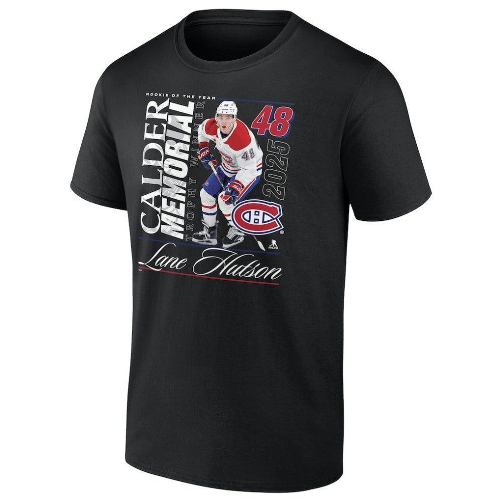 NHL Black Lane Hutson Montreal Canadiens 2025 Calder Memorial Trophy Winner T-Shirt