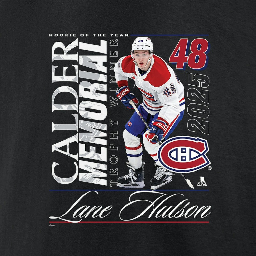 NHL Black Lane Hutson Montreal Canadiens 2025 Calder Memorial Trophy Winner T-Shirt