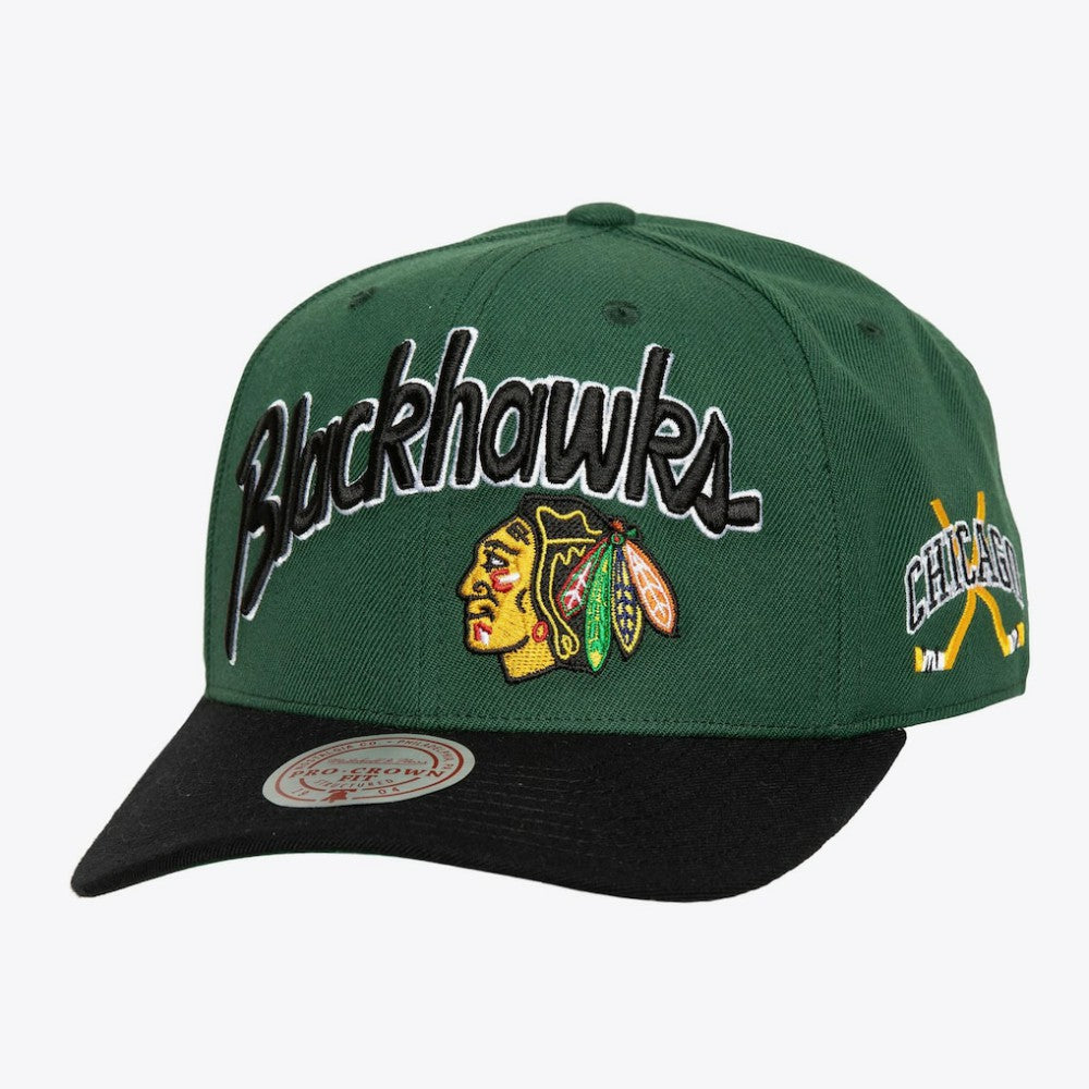 NHL Green/Black Chicago Blackhawks Mitchell & Ness x Just Don Wave Script Pro Strapback Hat