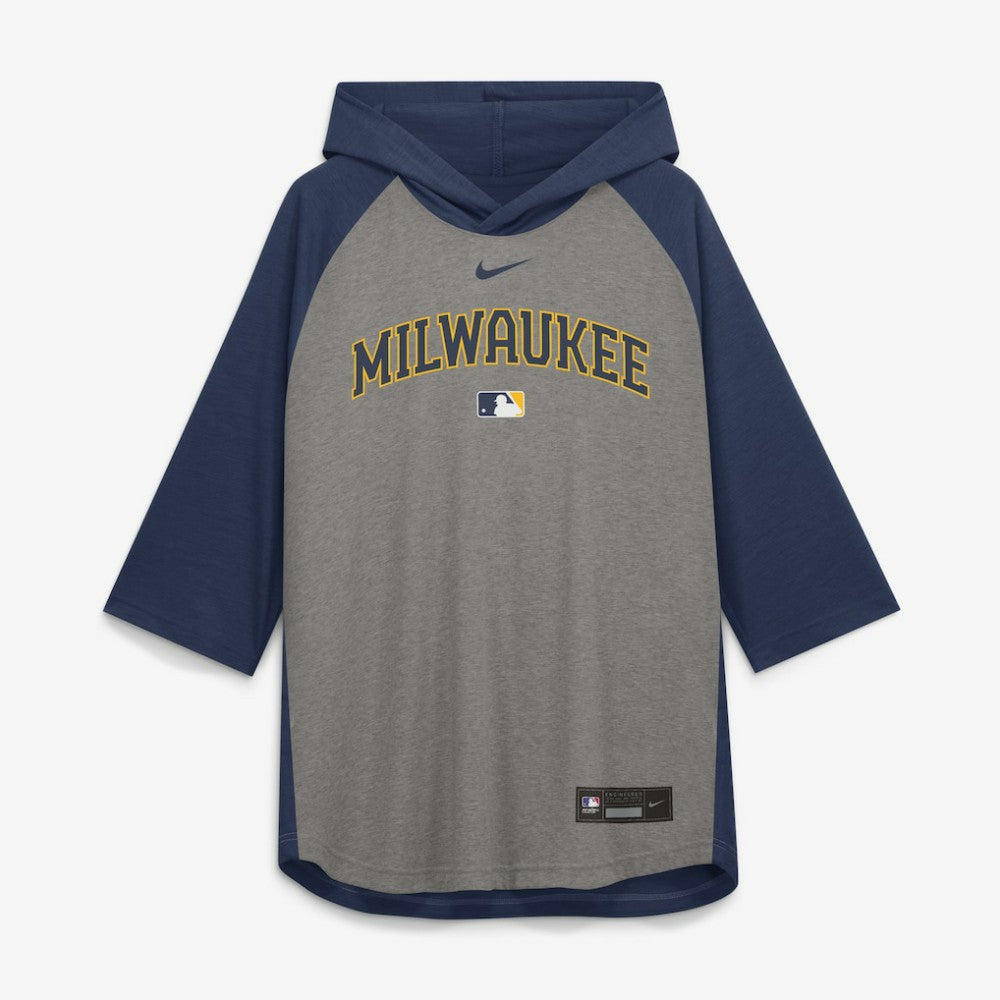 MLB Milwaukee Brewers Nike Authentic Collection Flux Dri-FIT Raglan 3/4-Sleeve Hooded T-Shirt