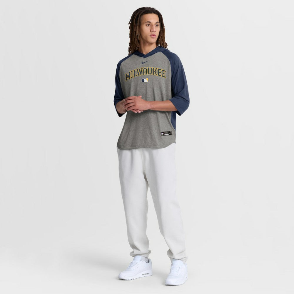 MLB Milwaukee Brewers Nike Authentic Collection Flux Dri-FIT Raglan 3/4-Sleeve Hooded T-Shirt