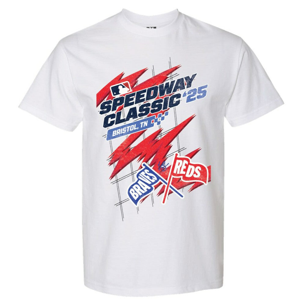 MLB Cincinnati Reds vs. Atlanta Braves The Wild Collective Women's 2025 Speedway Classic Flags T-Shirt