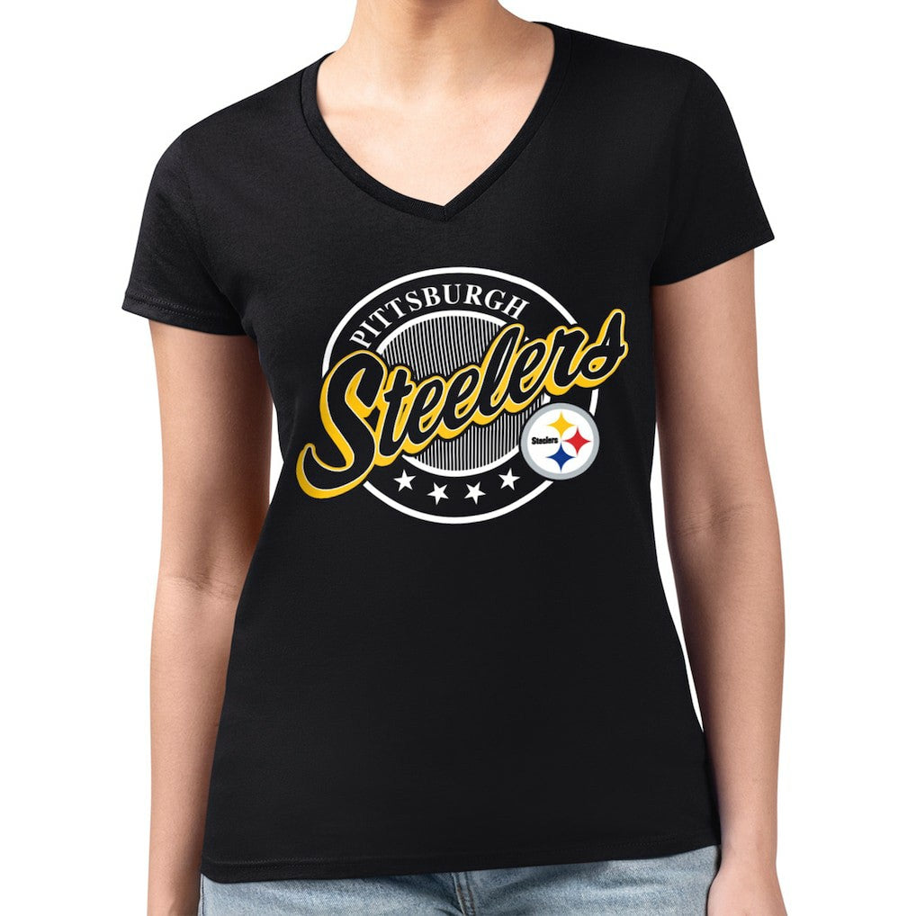 G-III 4Her by Carl Banks Women's Super-Slim Fit Lightweight Pinstripe Circle V-Neck T-Shirt - Pittsburgh Steelers