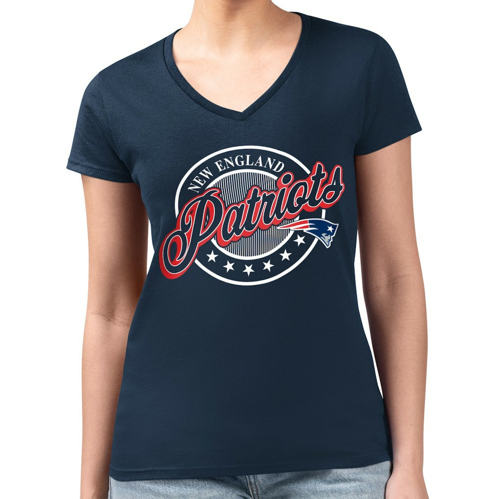 G-III 4Her by Carl Banks Women's Super-Slim Fit Lightweight Pinstripe Circle V-Neck T-Shirt - New England Patriots