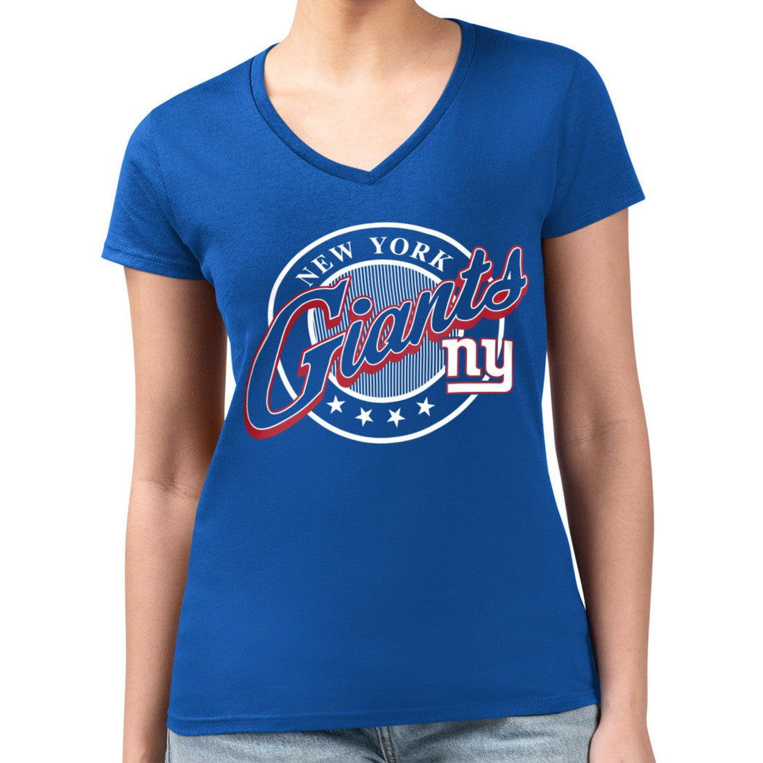 G-III 4Her by Carl Banks Women's Super-Slim Fit Lightweight Pinstripe Circle V-Neck T-Shirt - New York Giants