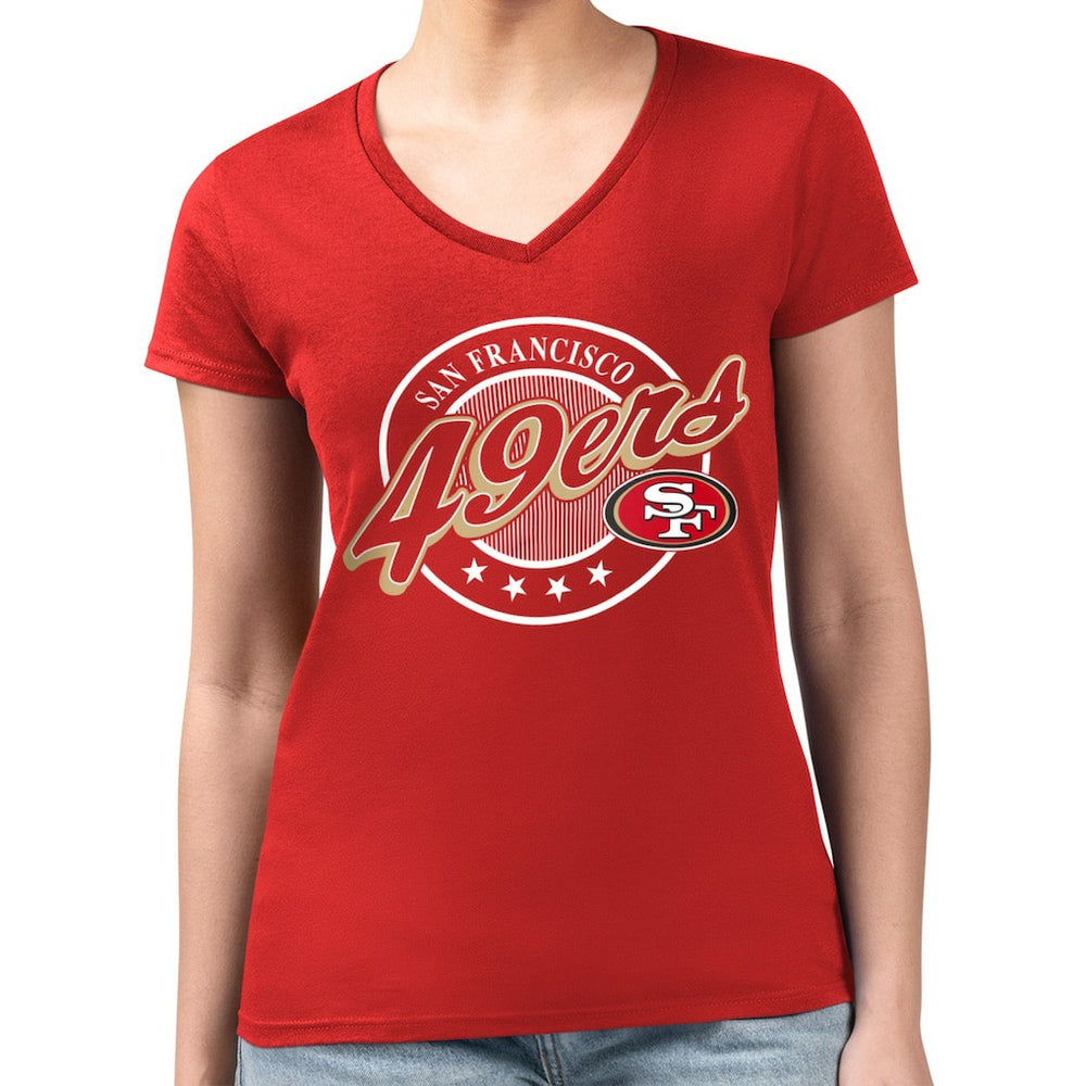 G-III 4Her by Carl Banks Women's Super-Slim Fit Lightweight Pinstripe Circle V-Neck T-Shirt - San Francisco 49ers