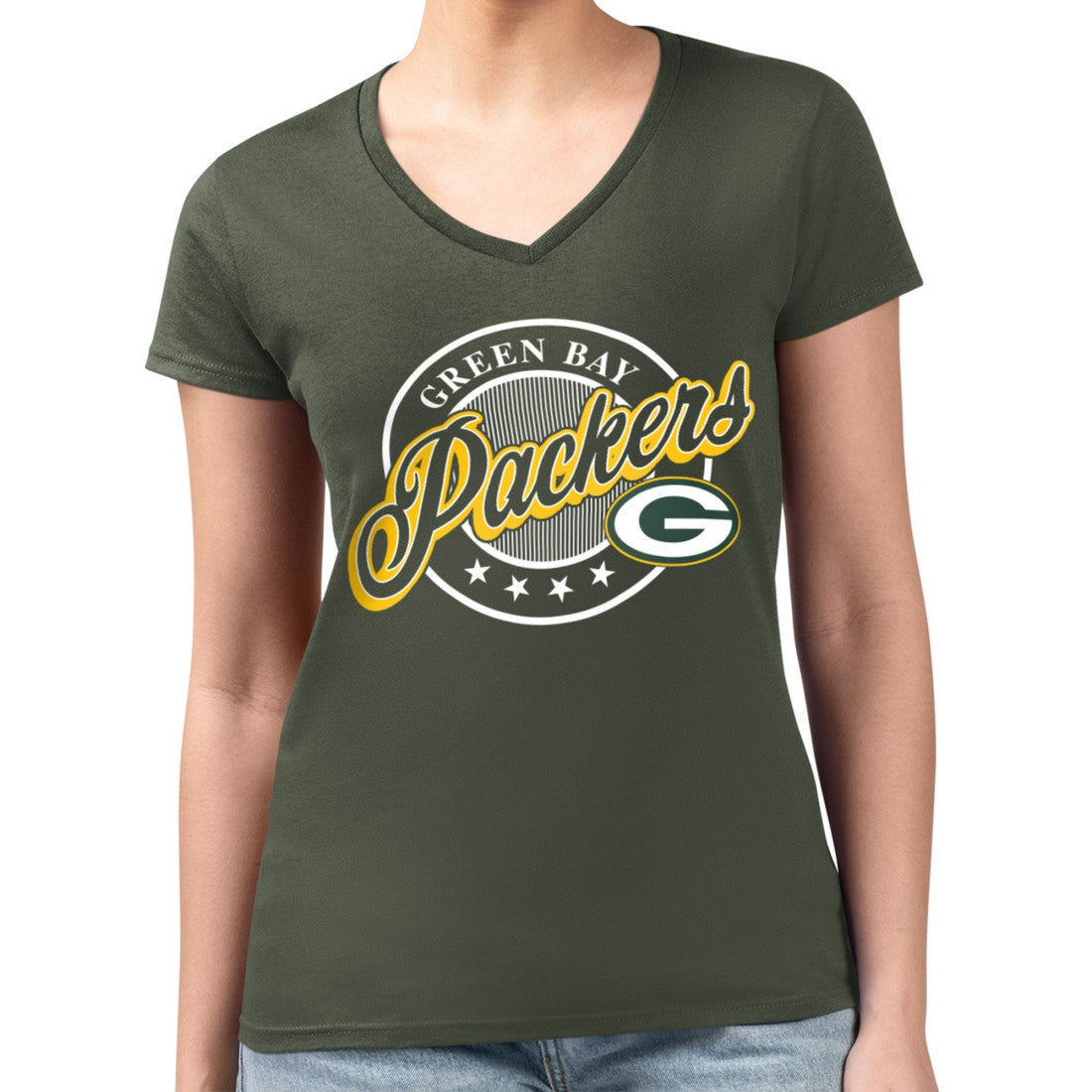 G-III 4Her by Carl Banks Women's Super-Slim Fit Lightweight Pinstripe Circle V-Neck T-Shirt - Green Bay Packers
