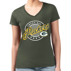 G-III 4Her by Carl Banks Women's Super-Slim Fit Lightweight Pinstripe Circle V-Neck T-Shirt - Green Bay Packers