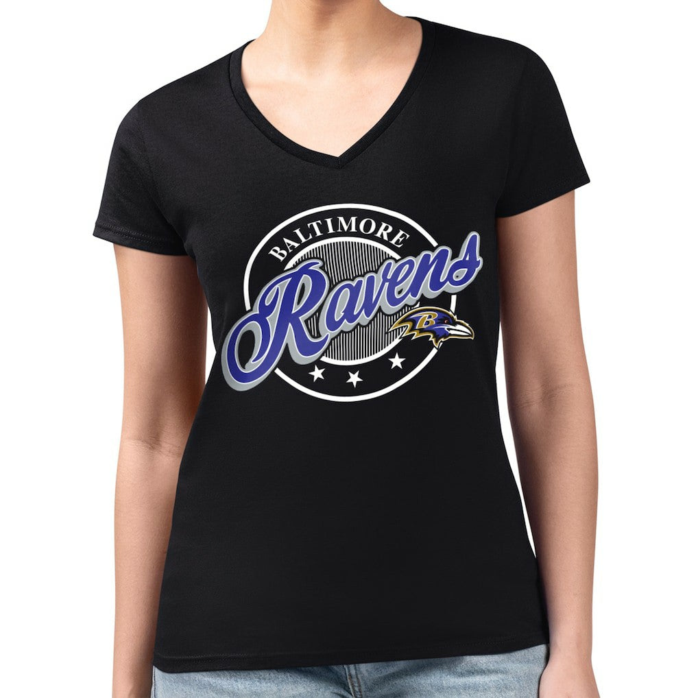 G-III 4Her by Carl Banks Women's Super-Slim Fit Lightweight Pinstripe Circle V-Neck T-Shirt - Baltimore Ravens