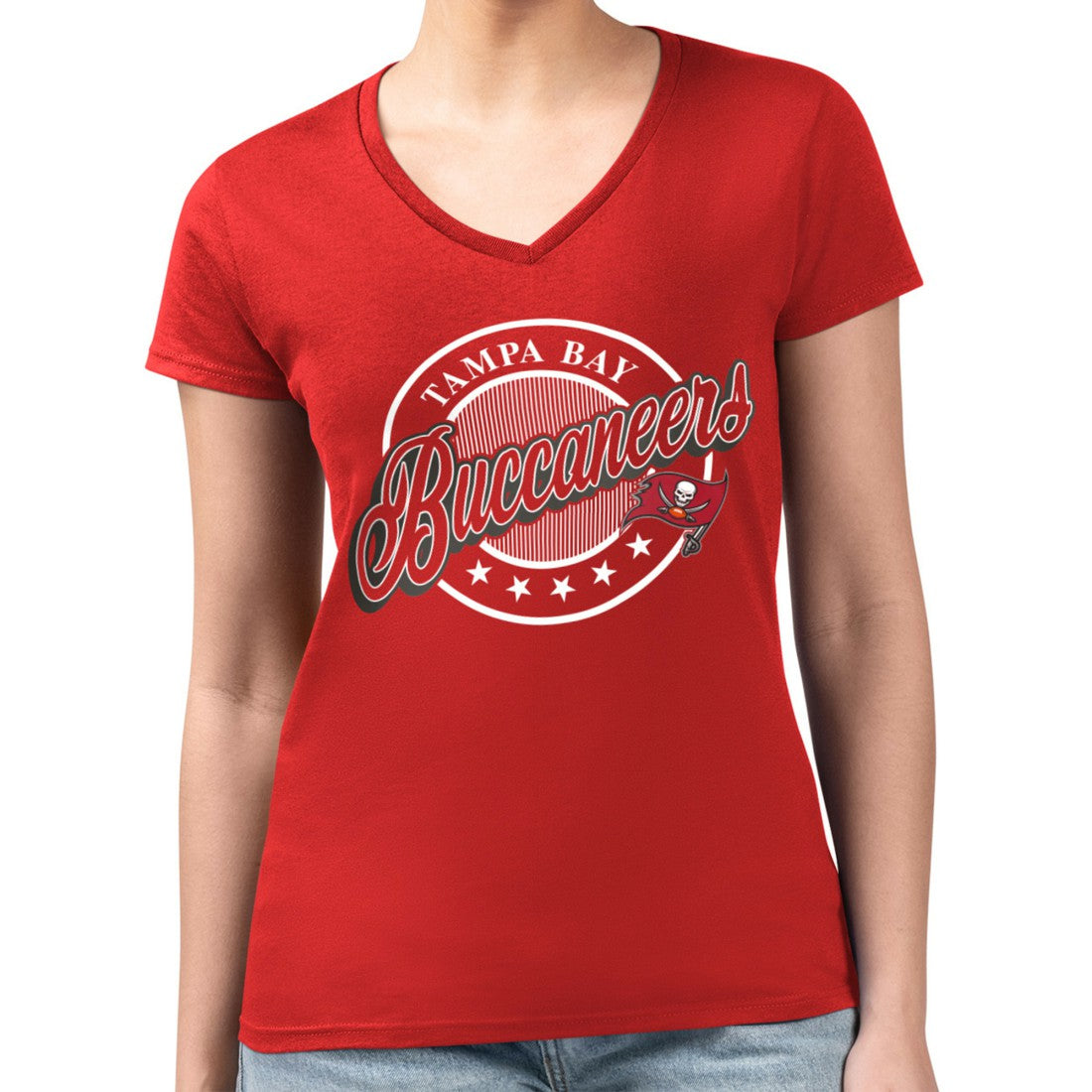 G-III 4Her by Carl Banks Women's Super-Slim Fit Lightweight Pinstripe Circle V-Neck T-Shirt - Tampa Bay Buccaneers