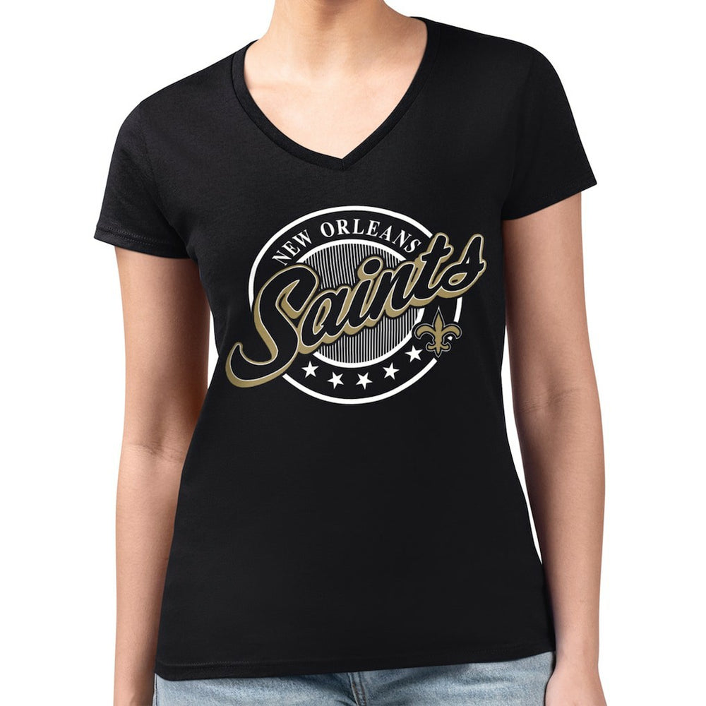 G-III 4Her by Carl Banks Women's Super-Slim Fit Lightweight Pinstripe Circle V-Neck T-Shirt - New Orleans Saints