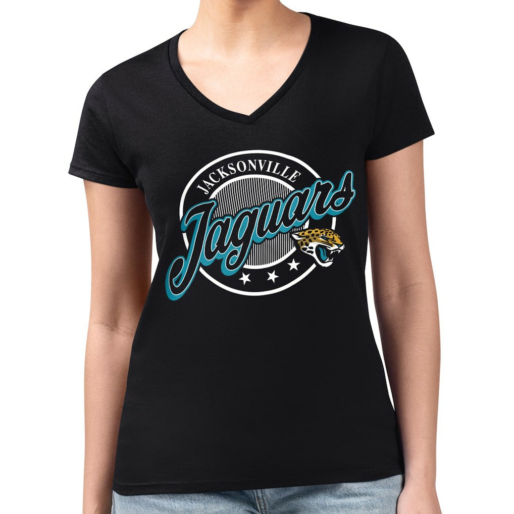 G-III 4Her by Carl Banks Women's Super-Slim Fit Lightweight Pinstripe Circle V-Neck T-Shirt - Jacksonville Jaguars