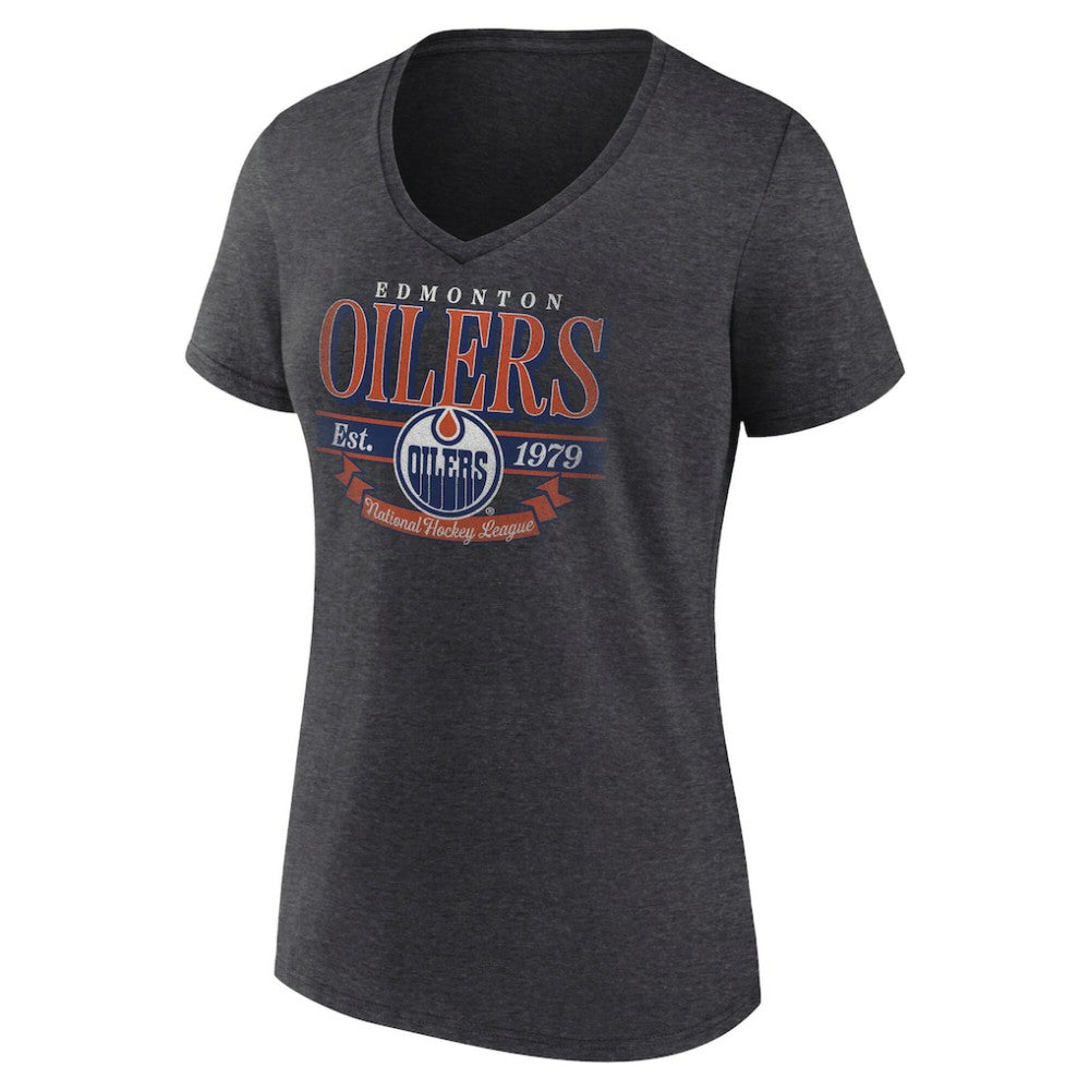 NHL Charcoal Edmonton Oilers Women's Retro Banner V-Neck T-Shirt
