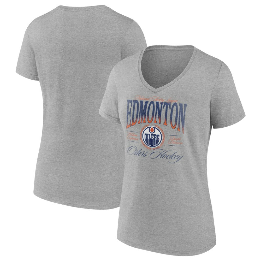 NHL Gray Edmonton Oilers Women's Retro Script V-Neck T-Shirt