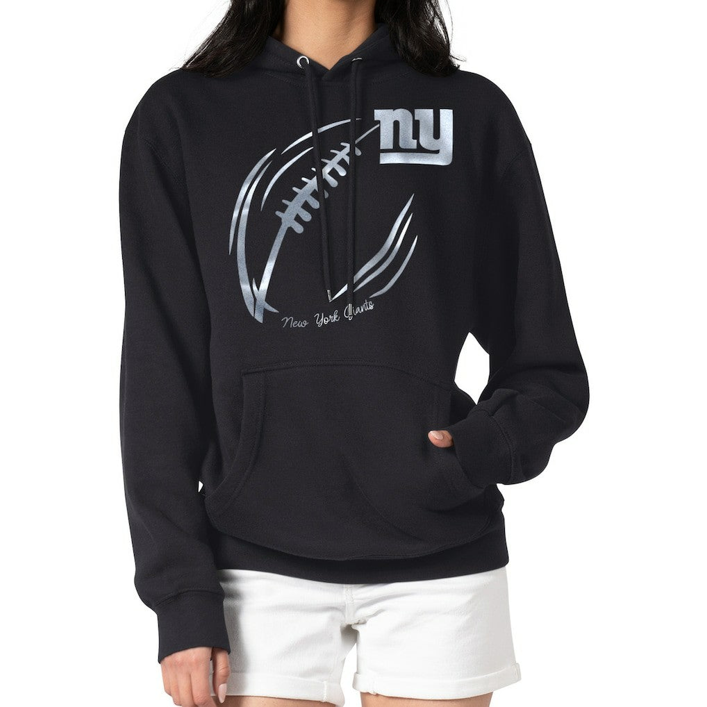 G-III 4Her by Carl Banks Women's Metallic Print Football Sketch Fleece Pullover Hoodie - New York Giants