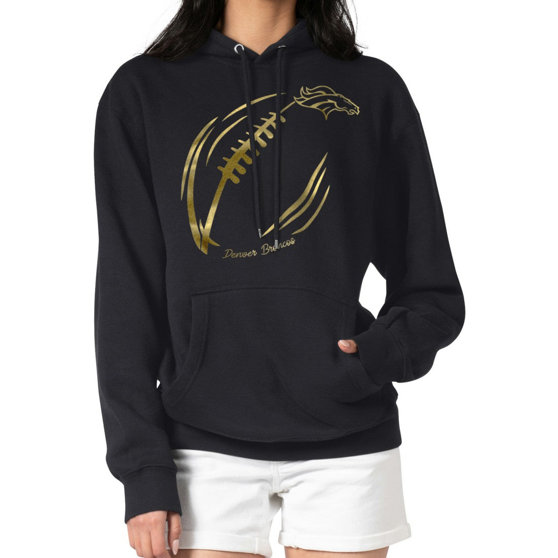 G-III 4Her by Carl Banks Women's Metallic Print Football Sketch Fleece Pullover Hoodie - Denver Broncos