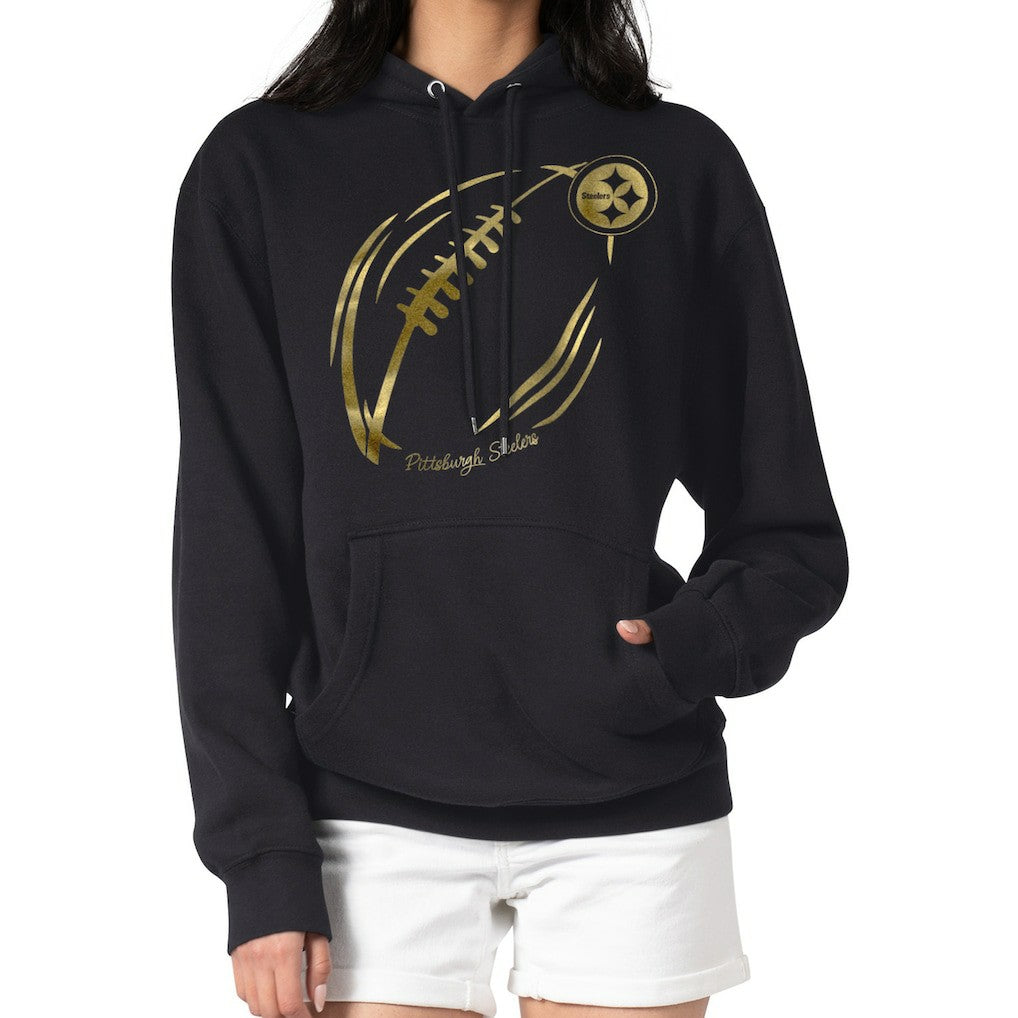 G-III 4Her by Carl Banks Women's Metallic Print Football Sketch Fleece Pullover Hoodie - Pittsburgh Steelers
