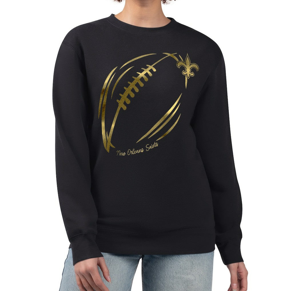 G-III 4Her by Carl Banks Women's Metallic Print Football Sketch Fleece Crewneck Sweatshirt - New Orleans Saints