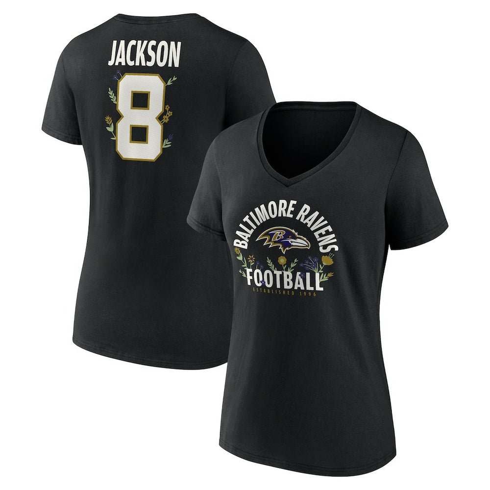 Lamar Jackson  Women's Floral Name & Number V-Neck T-Shirt - Baltimore Ravens