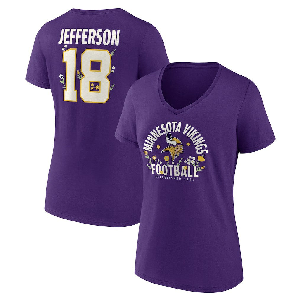 Justin Jefferson  Women's Floral Name & Number V-Neck T-Shirt - Minnesota Vikings
