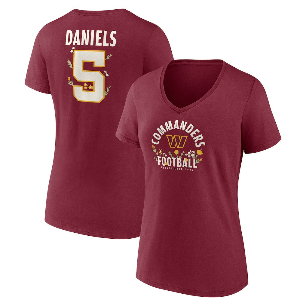 Jayden Daniels  Women's Floral Name & Number V-Neck T-Shirt - Washington Commanders