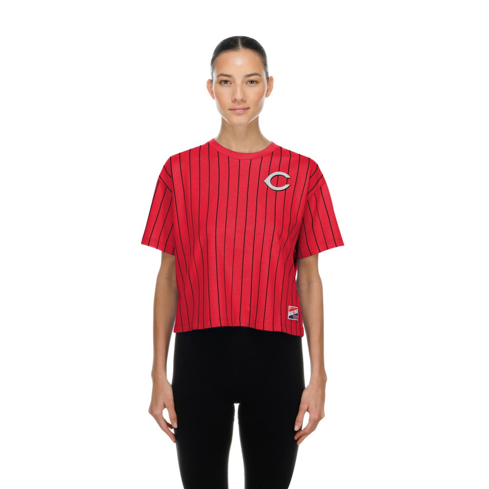 MLB Cincinnati Reds New Era Women's Throwback Meshback Pinstripe Boxy T-Shirt