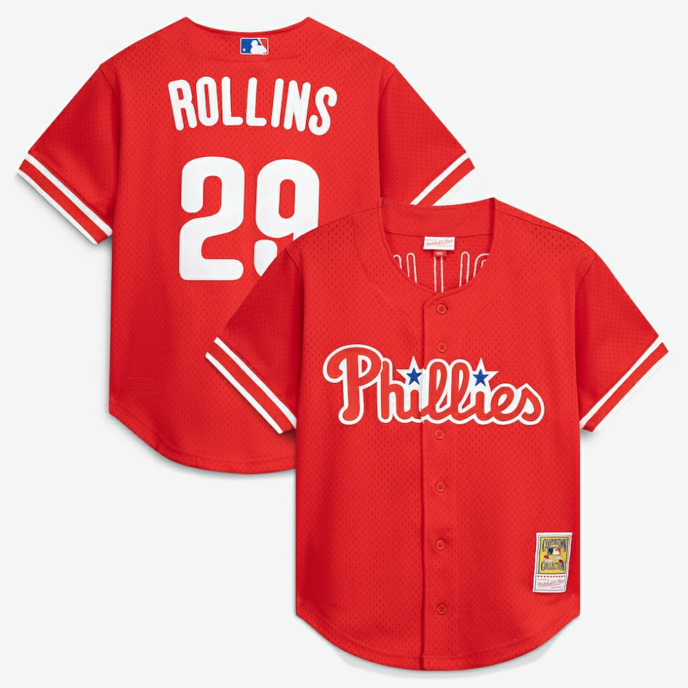 MLB Jimmy Rollins Philadelphia Phillies Mitchell & Ness Cooperstown Mesh Batting Practice Button-Up Jersey