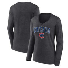 MLB Chicago Cubs Women's Team Lockup Long Sleeve V-Neck T-Shirt