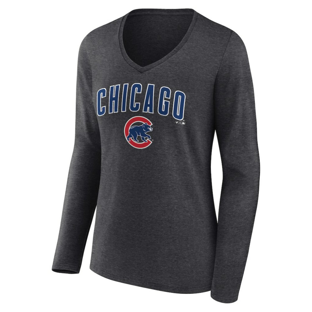 MLB Chicago Cubs Women's Team Lockup Long Sleeve V-Neck T-Shirt