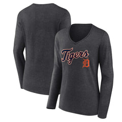 MLB Detroit Tigers Women's Team Lockup Long Sleeve V-Neck T-Shirt