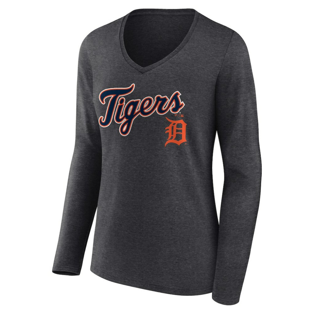 MLB Detroit Tigers Women's Team Lockup Long Sleeve V-Neck T-Shirt