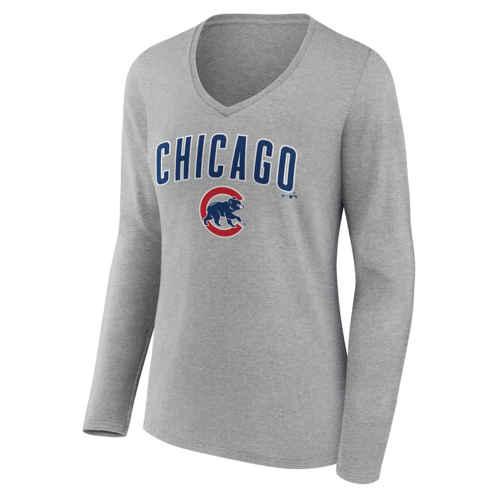 MLB Chicago Cubs Women's Team Lockup Long Sleeve V-Neck T-Shirt