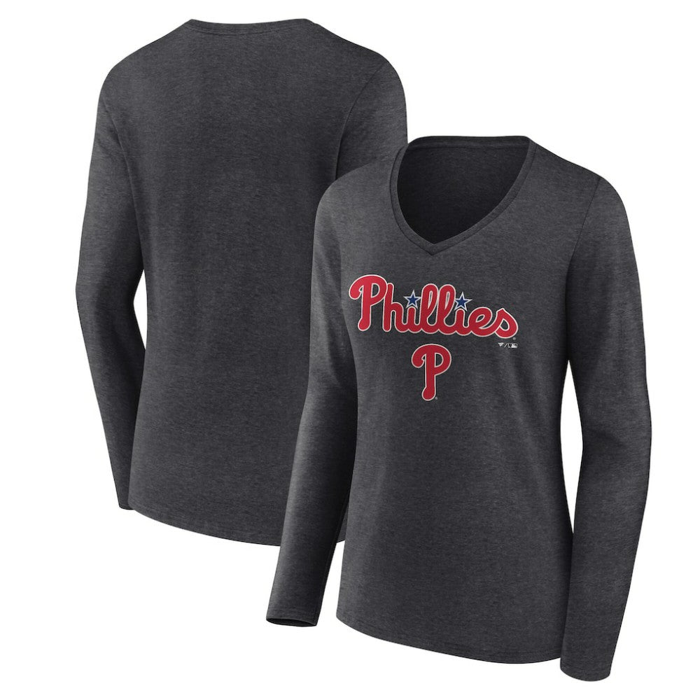 MLB Philadelphia Phillies Women's Team Lockup Long Sleeve V-Neck T-Shirt