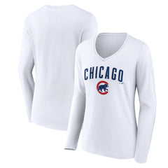 MLB Chicago Cubs Women's Team Lockup Long Sleeve V-Neck T-Shirt