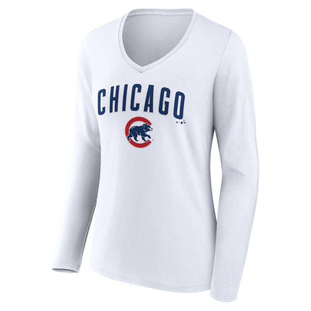 MLB Chicago Cubs Women's Team Lockup Long Sleeve V-Neck T-Shirt