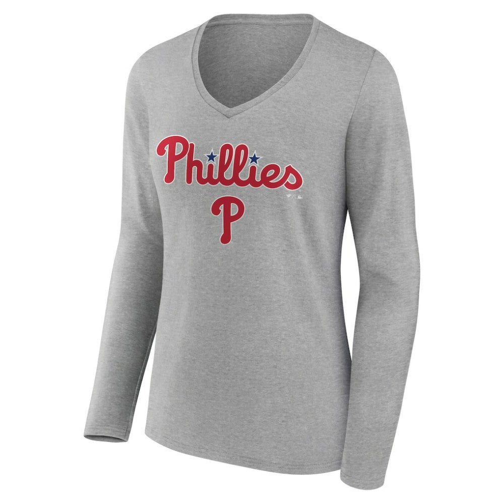 MLB Philadelphia Phillies Women's Team Lockup Long Sleeve V-Neck T-Shirt