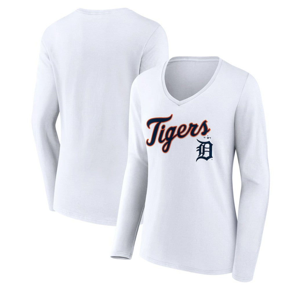MLB Detroit Tigers Women's Team Lockup Long Sleeve V-Neck T-Shirt