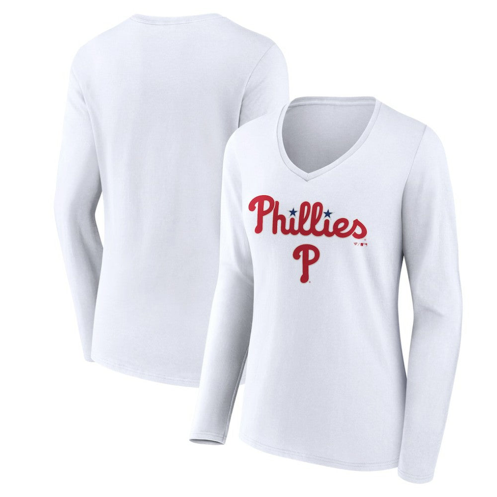 MLB Philadelphia Phillies Women's Team Lockup Long Sleeve V-Neck T-Shirt